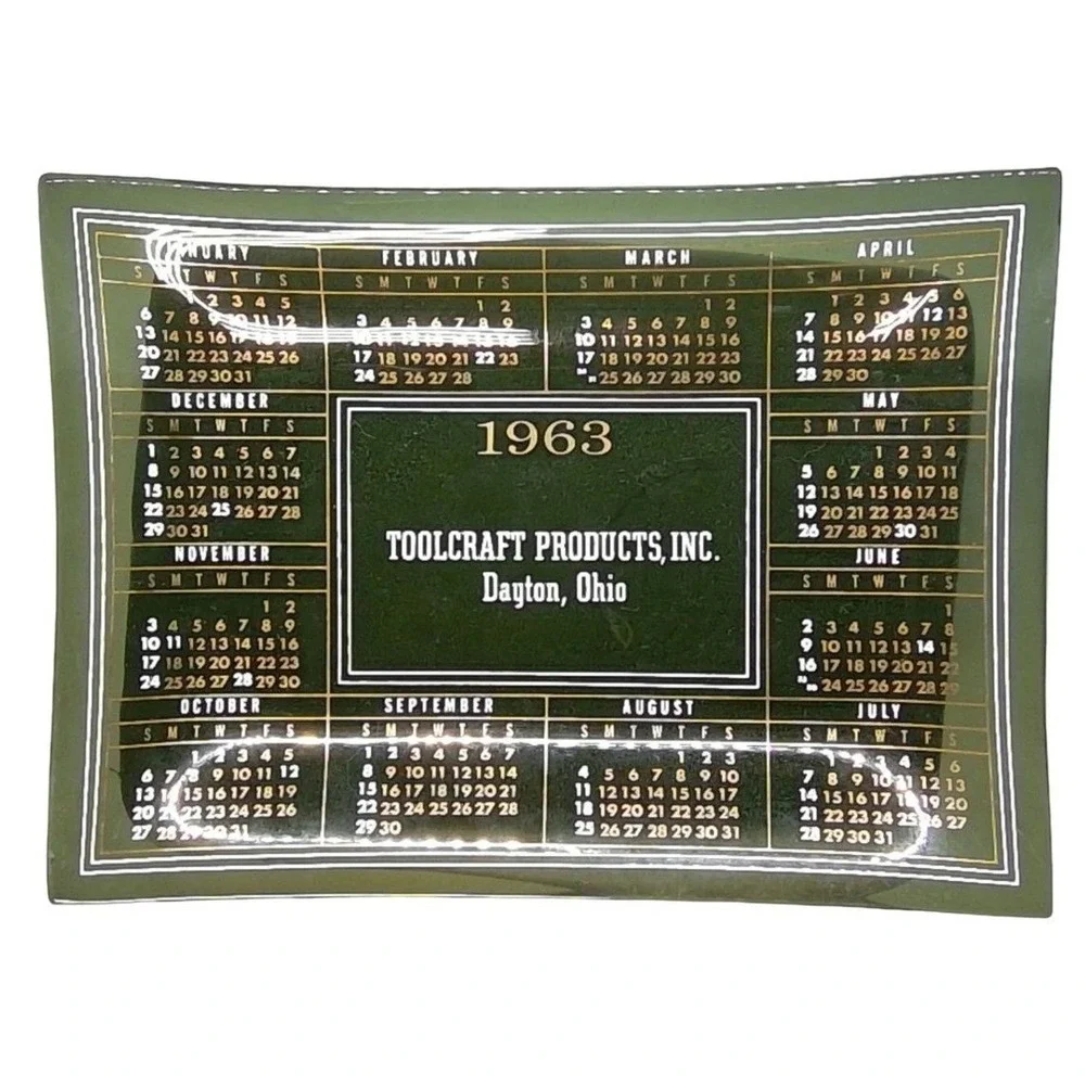 TOOLCRAFT PRODUCTS 1963 Green Glass Calendar Tray Dayton Ohio Promo